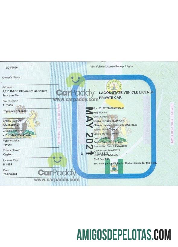 Modelo de Certificado de Registro de Veículo de Lagos